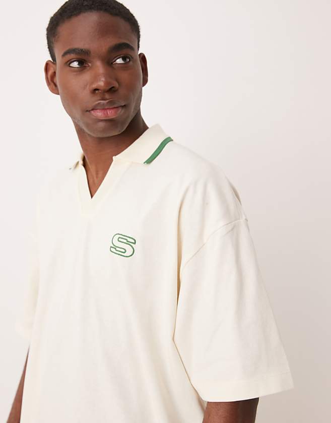 asos ASOS DESIGN heavyweight oversized revere polo with applique in beige