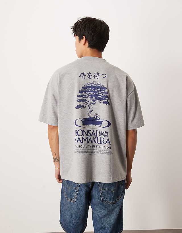 asos ASOS DESIGN heavyweight oversized t-shirt with bonsai graphic in grey marl