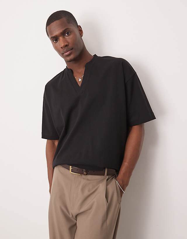 asos ASOS DESIGN heavyweight oversized t-shirt with notch neck detail in black