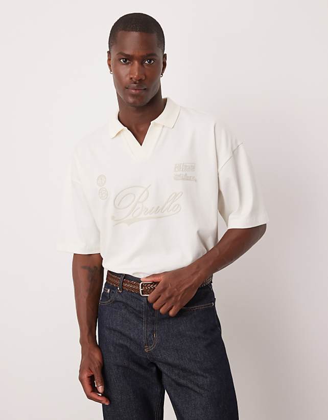 asos ASOS DESIGN heavyweight polo with print in beige