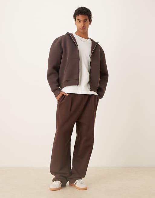 Asos ASOS DESIGN Heavyweight Scuba Boxy Oversized Zip Through Hoodie In Brown