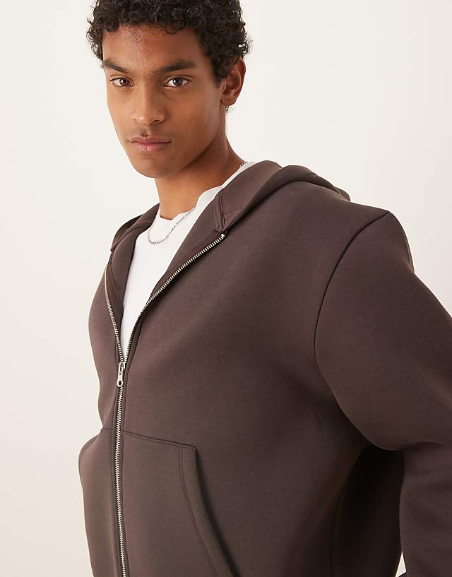 Asos ASOS DESIGN Heavyweight Scuba Boxy Oversized Zip Through Hoodie In Brown