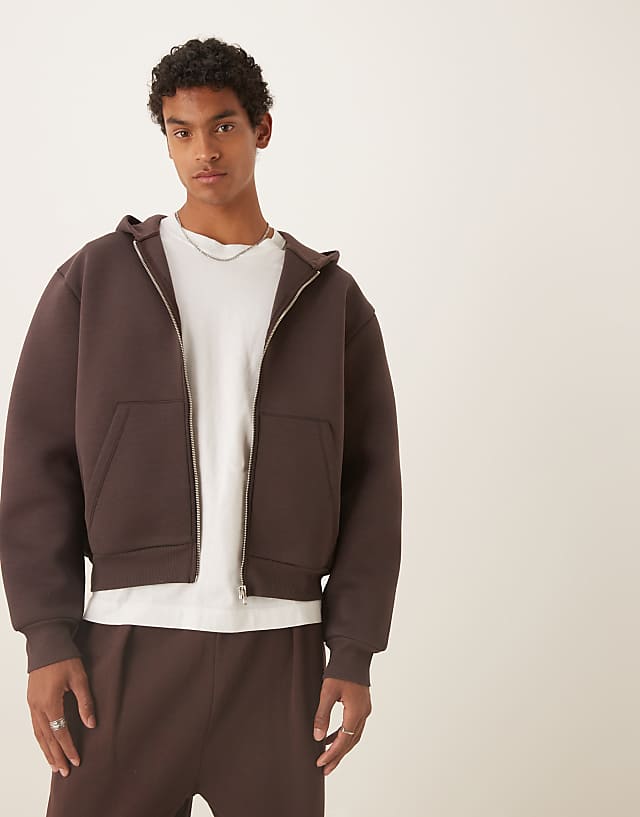 asos ASOS DESIGN heavyweight scuba boxy oversized zip through hoodie in brown