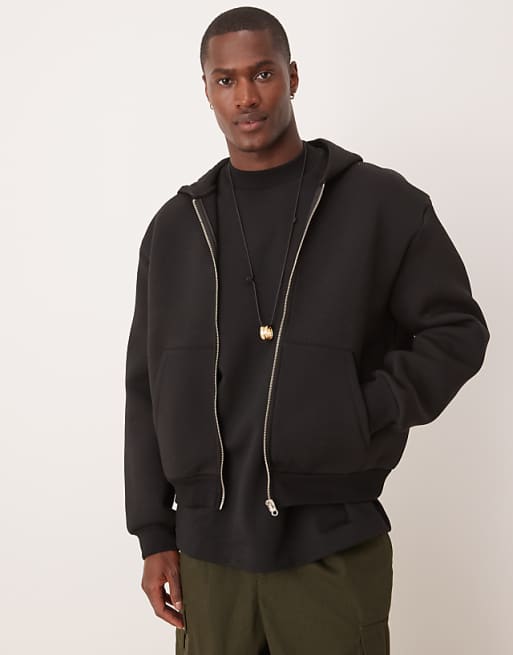 asos ASOS DESIGN heavyweight scuba boxy oversized zip through hoodie in black