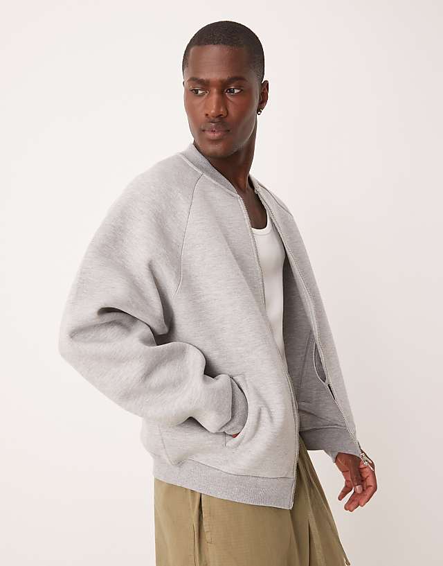 asos ASOS DESIGN heavyweight scuba oversized raglan sleeve bomber in grey marl