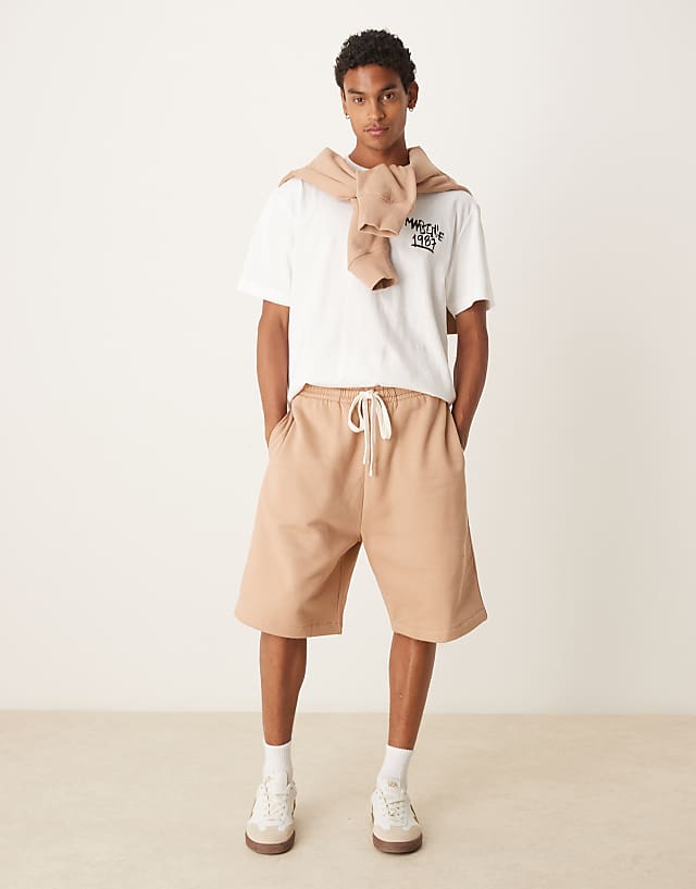 asos ASOS DESIGN heavyweight short with embroidery on back pocket in beige - BEIGE