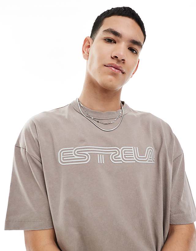 Asos ASOS DESIGN Heayweight Boxy Oversized T-shirt In Washed Stone With Rubber Text Graphic