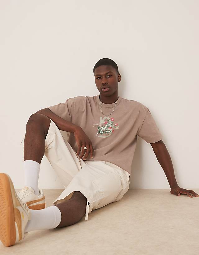 Asos ASOS DESIGN Heayweight Boxy Oversized T-shirt In Washed Stone With Floral Text Graphic