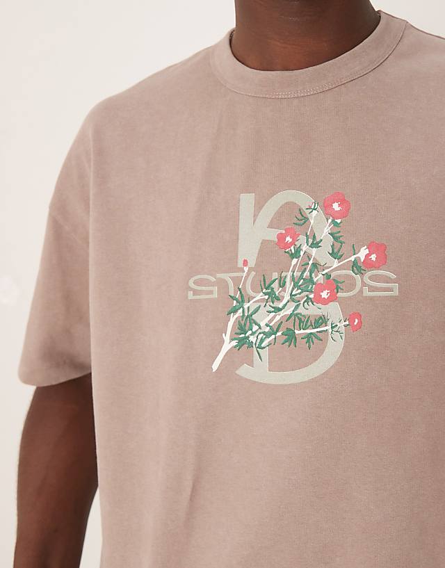 Asos ASOS DESIGN Heayweight Boxy Oversized T-shirt In Washed Stone With Floral Text Graphic