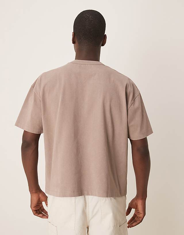 Asos ASOS DESIGN Heayweight Boxy Oversized T-shirt In Washed Stone With Floral Text Graphic