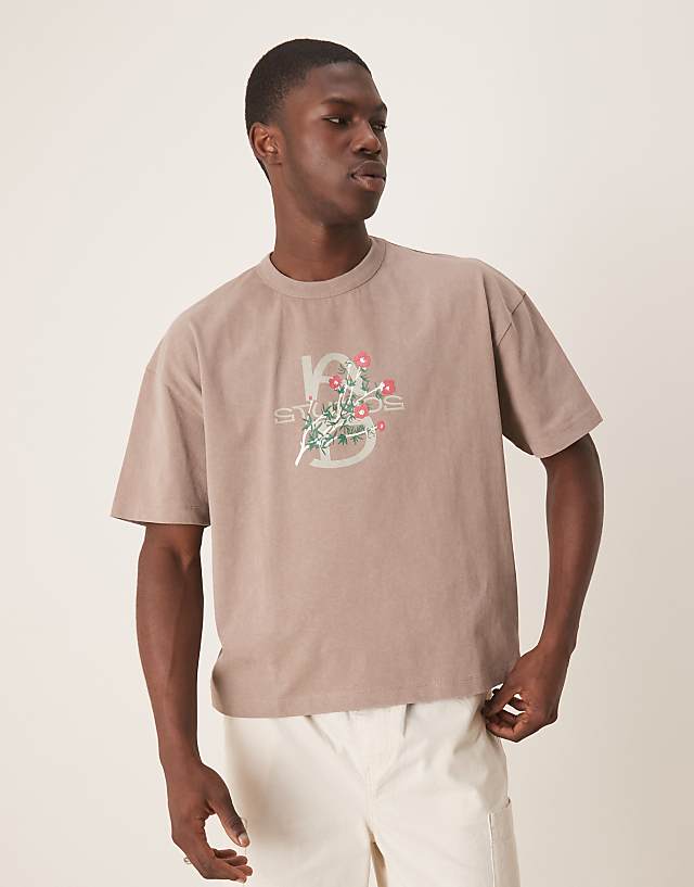 asos ASOS DESIGN heayweight boxy oversized t-shirt in washed stone with floral text graphic