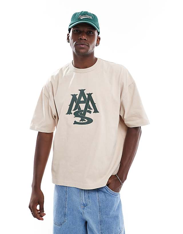 asos ASOS DESIGN heayweight boxy oversized t-shirt in washed beige with rubber chest graphic
