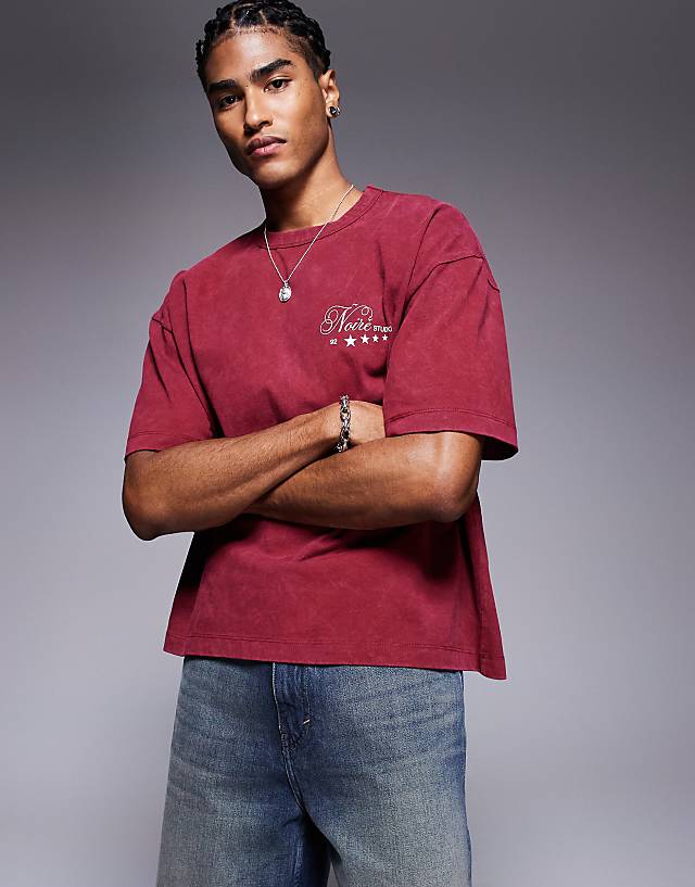 Asos ASOS DESIGN Heayweight Boxy Oversized T-shirt In Washed Red With Text Graphic