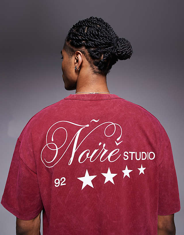 asos ASOS DESIGN heayweight boxy oversized t-shirt in washed red with text graphic