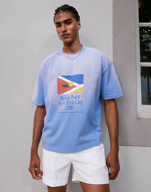 Asos ASOS DESIGN Heayweight Boxy Oversized T-shirt With Chest Print In Washed Blue