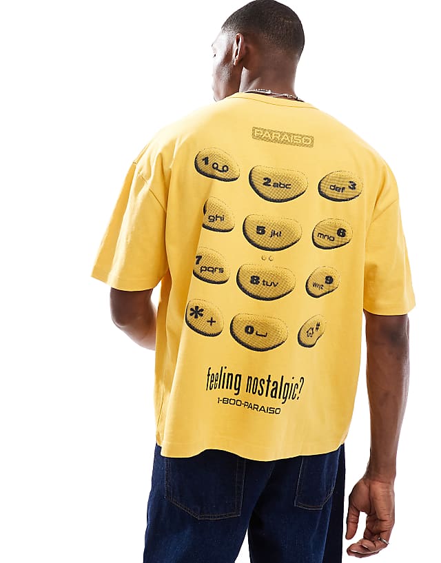 Asos ASOS DESIGN Heayweight Boxy Oversized T-shirt With Nostalgic Phone Graphic In Washed Yellow