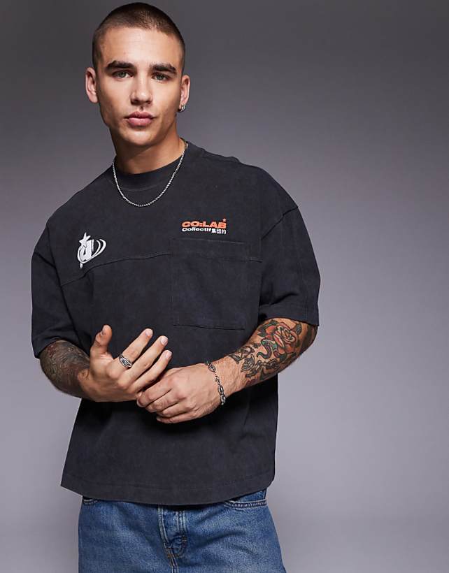 asos ASOS DESIGN heayweight boxy oversized t-shirt with text graphic and pocket detail in washed charcoal