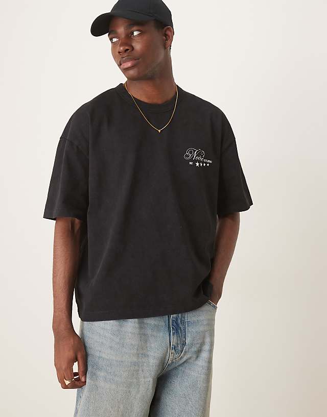 Asos ASOS DESIGN Heayweight Boxy Oversized T-shirt With Text Graphic In Washed Black