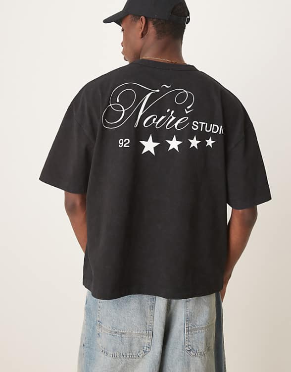 asos ASOS DESIGN heayweight boxy oversized t-shirt with text graphic in washed black