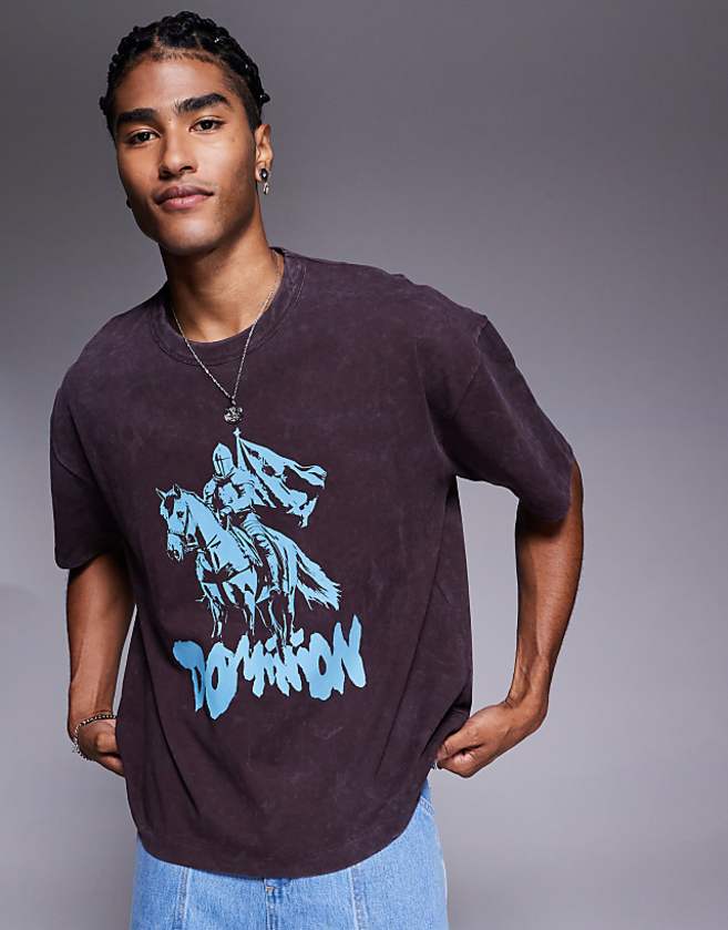 asos ASOS DESIGN heayweight boxy oversized t-shirt with chest graphic in washed brown