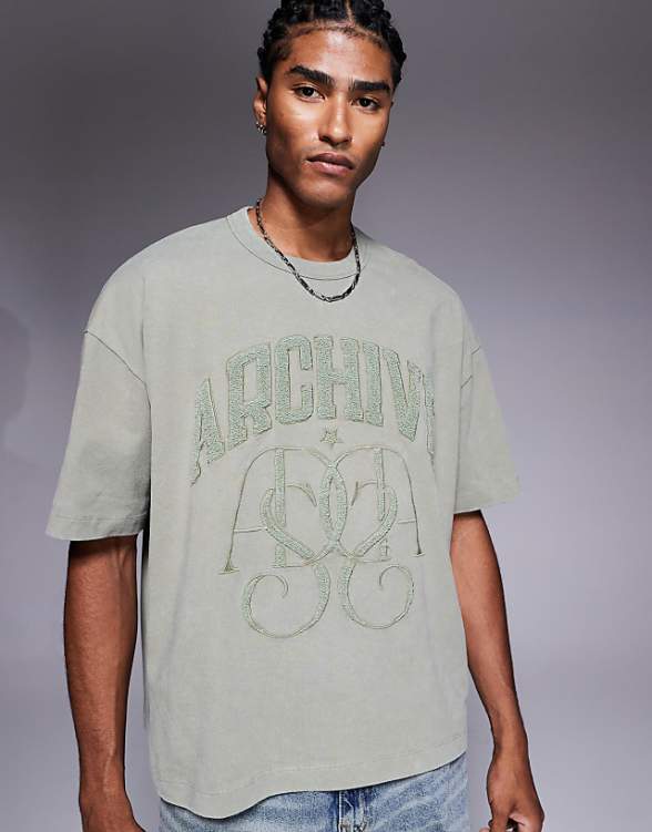 asos ASOS DESIGN heayweight boxy oversized t-shirt with text graphic in washed khaki