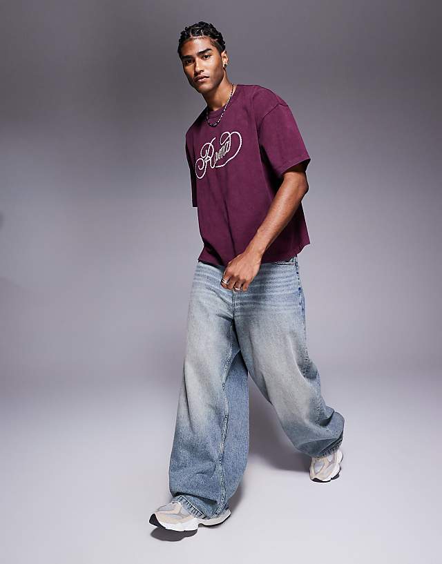 Asos ASOS DESIGN Heayweight Boxy Oversized T-shirt With City Graphic In Washed Burgundy