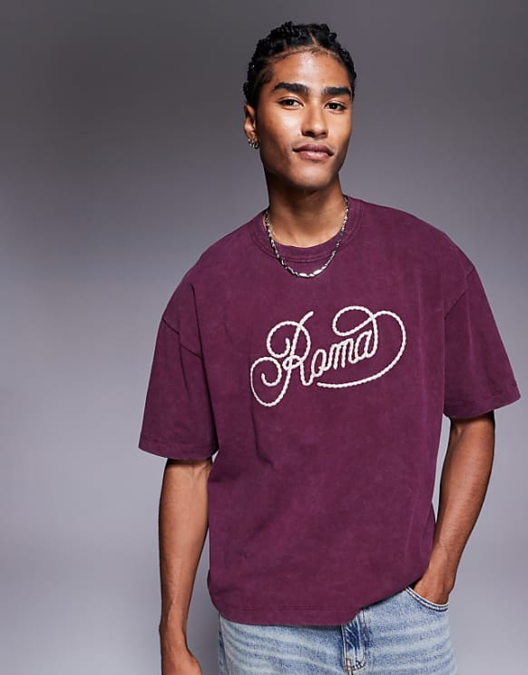 asos ASOS DESIGN heayweight boxy oversized t-shirt with city graphic in washed burgundy