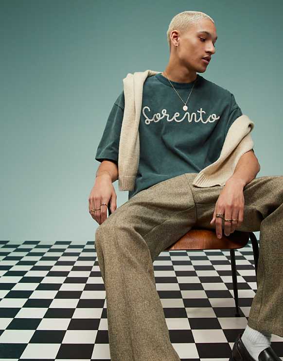 asos ASOS DESIGN heayweight boxy oversized t-shirt with front print in washed green
