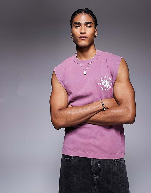Asos ASOS DESIGN Heayweight Boxy Oversized Tank In Washed Pink With City Graphic