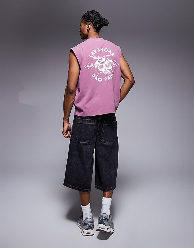 Asos ASOS DESIGN Heayweight Boxy Oversized Tank In Washed Pink With City Graphic