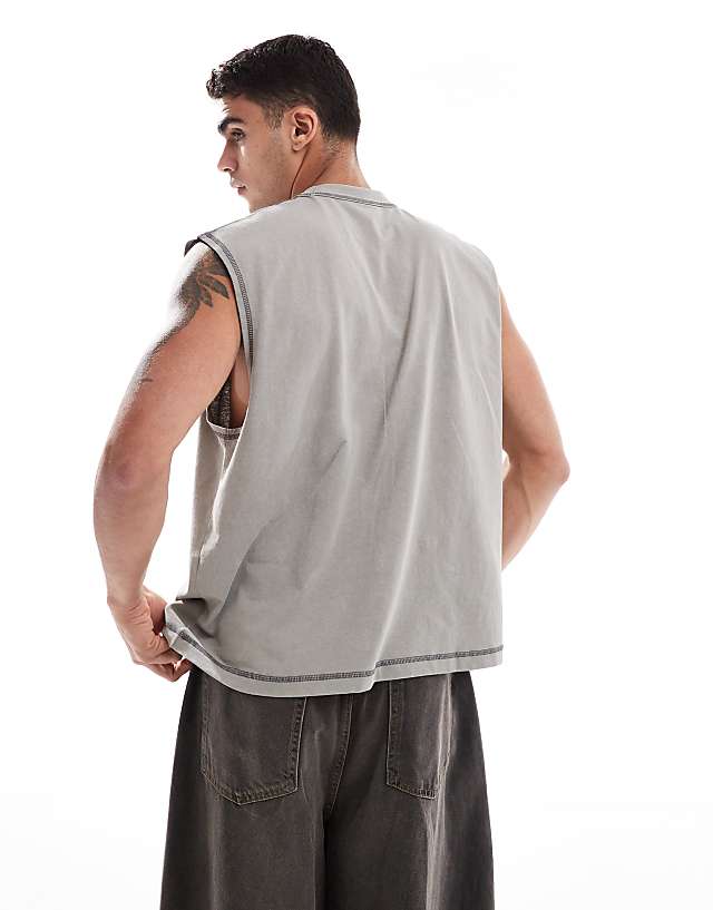 Asos ASOS DESIGN Heayweight Boxy Oversized Tank With Text Graphic In Washed Grey
