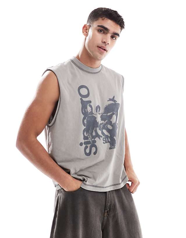 asos ASOS DESIGN heayweight boxy oversized tank with text graphic in washed grey