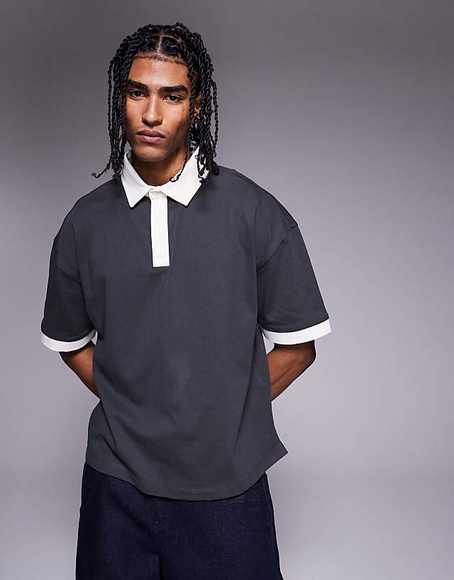 Asos ASOS DESIGN Heayweight Boxy Polo In With Canvas Collar And Applique In Black