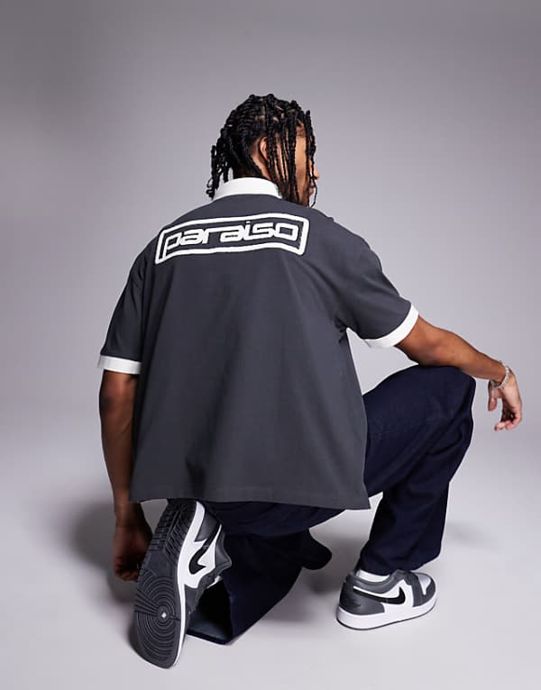 asos ASOS DESIGN heayweight boxy polo in with canvas collar and applique in black