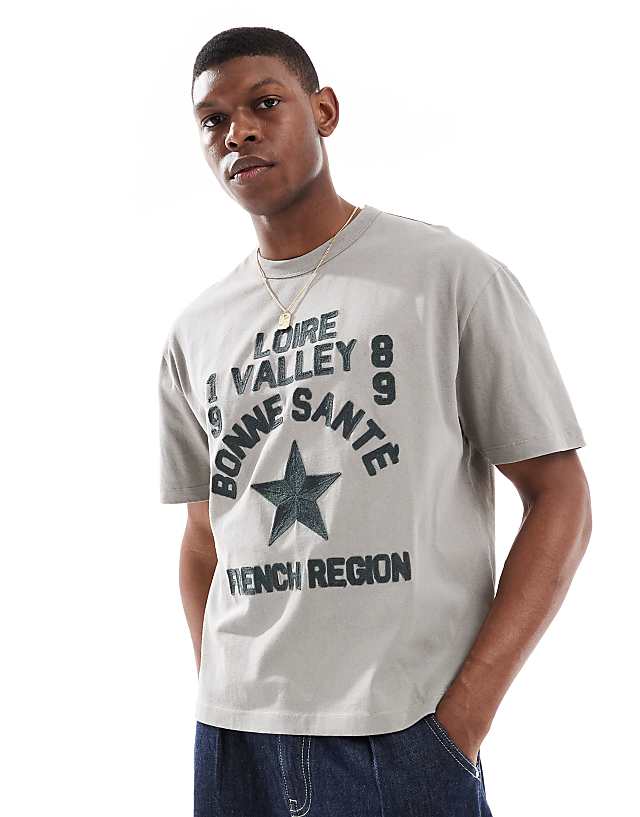 asos ASOS DESIGN heayweight boxy relaxed t-shirt in washed grey with text embroidery