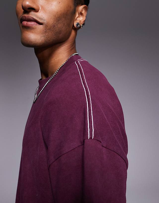 Asos ASOS DESIGN Heayweight Oversized T-shirt In Washed Black With Celestial Spine Print In Burgundy
