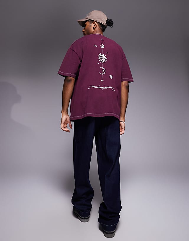 Asos ASOS DESIGN Heayweight Oversized T-shirt In Washed Black With Celestial Spine Print In Burgundy