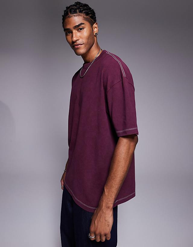 Asos ASOS DESIGN Heayweight Oversized T-shirt In Washed Black With Celestial Spine Print In Burgundy