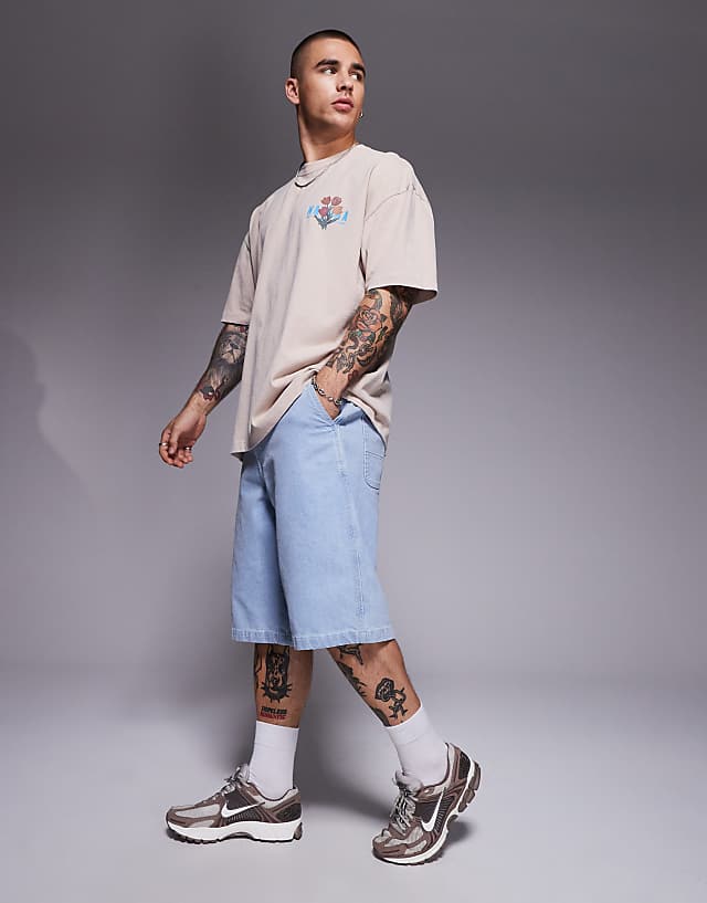 Asos ASOS DESIGN Heayweight Oversized T-shirt In Washed Beige With Floral Graphics - BEIGE