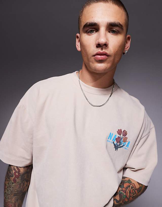 Asos ASOS DESIGN Heayweight Oversized T-shirt In Washed Beige With Floral Graphics - BEIGE