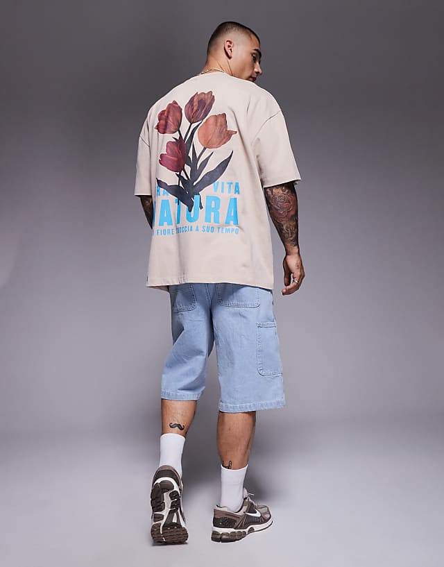 Asos ASOS DESIGN Heayweight Oversized T-shirt In Washed Beige With Floral Graphics - BEIGE
