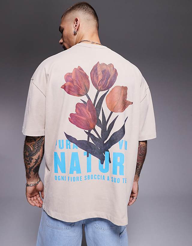 asos ASOS DESIGN heayweight oversized t-shirt in washed beige with floral graphics - BEIGE