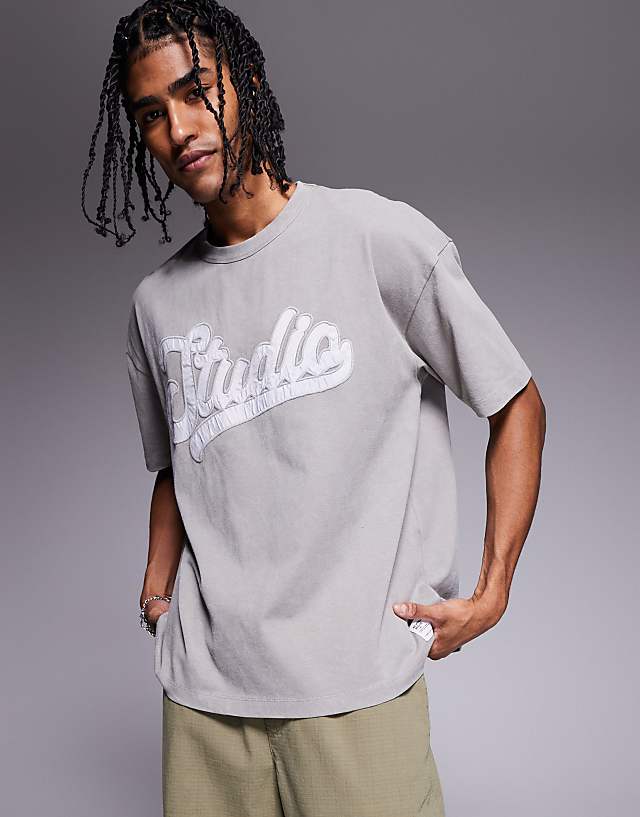asos ASOS DESIGN heayweight oversized t-shirt in washed grey with chest applique