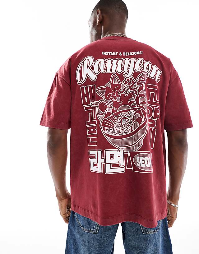 asos ASOS DESIGN heayweight oversized t-shirt in with front and back souvenir print in washed red