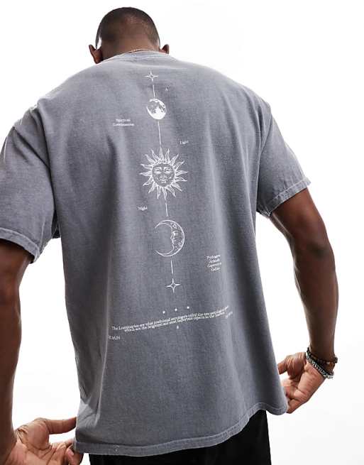 asos ASOS DESIGN heayweight oversized t-shirt with celestial spine print in washed grey