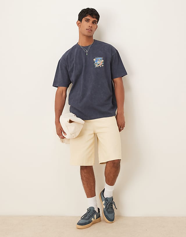 Asos ASOS DESIGN Heayweight Oversized T-shirt With Souvenir Graphic In Washed Navy