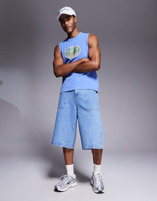Asos ASOS DESIGN Heayweight Relaxed Boxy Vest In With Front Graphic In Blue