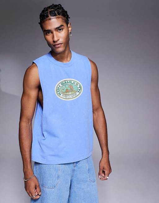asos ASOS DESIGN heayweight relaxed boxy vest in with front graphic in blue