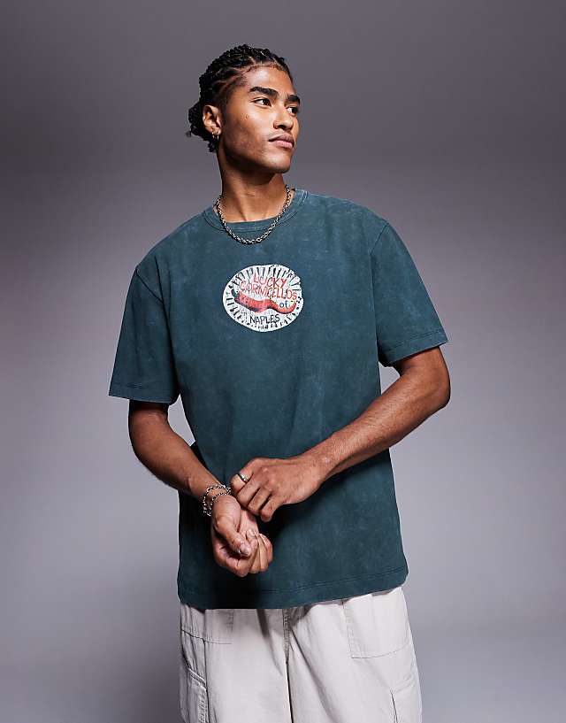 asos ASOS DESIGN heayweight relaxed t-shirt with chest graphic in washed dark green
