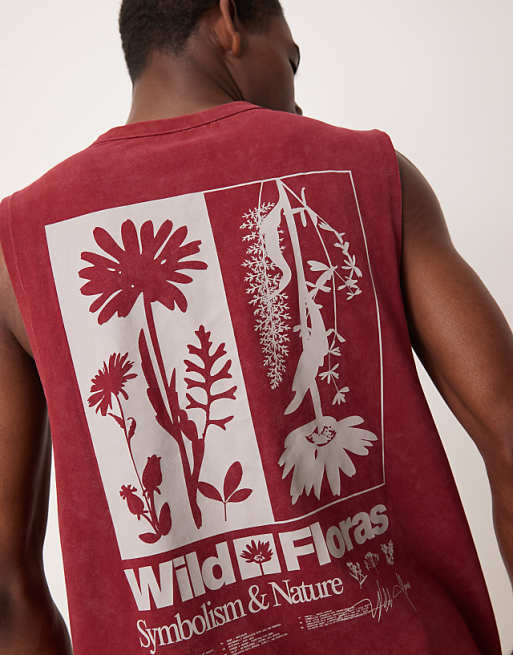 Asos ASOS DESIGN Heayweight Relaxed Tank With Floral Graphic In Washed Red